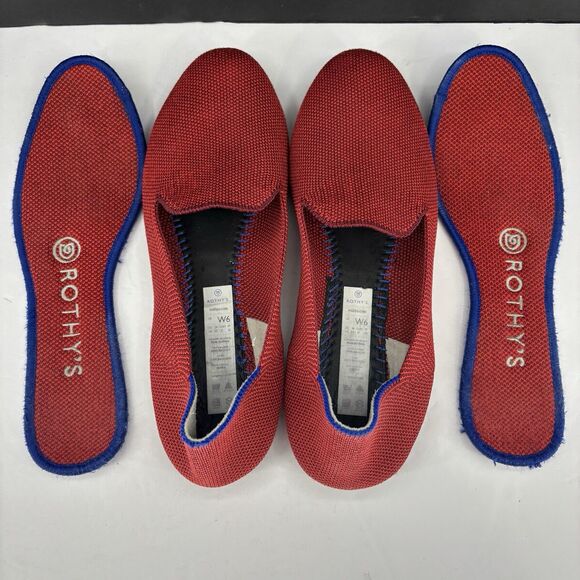 Rothys The Flat Loafer W6 Dark‎ Red Knit Halo Ballet Round Toe/Slip-On Blue Trim - Picture 15 of 16